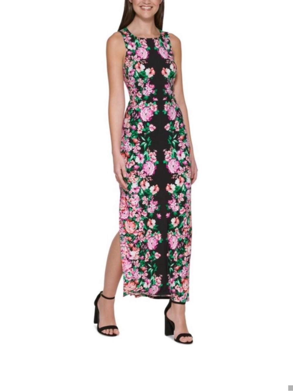 Sleeveless Black Floral Maxi Dress with Pink Bouquet Print